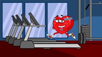 Healthy Heart Cartoon Character Running On A Treadmill. 4K Animation Motion Graphics With Gym Background video