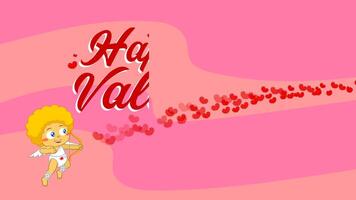 Cute Baby Cupid Cartoon Character Shooting Heart Arrows. 4K Animation Motion Graphics With Sky Background And Text video
