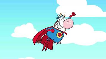 Super Hero Cow Cartoon Character Flying. 4K Animation Motion Graphics With Sky Background video