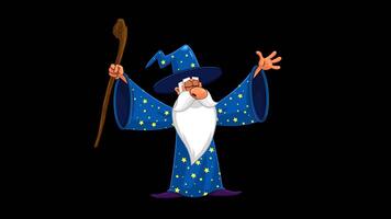 Wizard Cartoon Character With A Cane Making Magic. 4K Animation Motion Graphics On Black Screen Background video