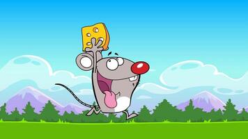 Happy Mouse Cartoon Character Running With Cheese. 4K Animation Motion Graphics With Landscape Background video