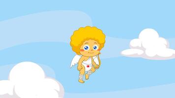 Cute Baby Cupid Flying With Bow And Arrow. 4K Animation Motion Graphics With Sky Background video