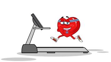 Healthy Heart Cartoon Character Running On A Treadmill. 4K Animation Motion Graphics With White Background video