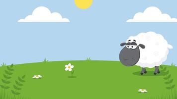 Black Sheep Cartoon Character Grazing Grass. 4K Animation Motion Graphics With Landscape Background video