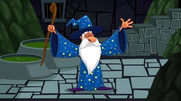 Wizard Cartoon Character With A Cane Casting A Spell. 4K Animation Motion Graphics With Dungeon Background video