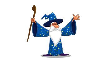 Wizard Cartoon Character With A Cane Casting A Spell. 4K Animation Motion Graphics With White Background video