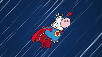 Super Hero Cow Cartoon Character Flying. 4K Animation Motion Graphics With Speed Lines Background video