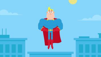 White Super Hero Comics Character Flying Loop. 4K Animation Motion Graphics With City Landscape Background video