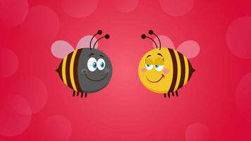 Bee Cartoon Characters Couple In Love With Flower Heart And Text. 4K Animation Motion Graphics With Red Background video