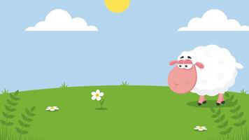 White Sheep Cartoon Character Grazing Grass. 4K Animation Motion Graphics With Landscape Background video