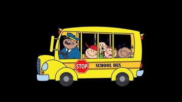School Bus With Happy Children Cartoon Characters. 4K Animation Motion Graphics Without Background video