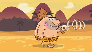 Caveman Funny Cartoon Character With Club Walking. 4K Animation Motion Graphics With Background video
