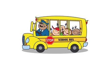 School Bus With Happy Children Cartoon Characters. 4K Animation Motion Graphics Without Background video