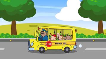 School Bus With Happy Children Cartoon Characters Going To School. 4K Animation Motion Graphics With Background video
