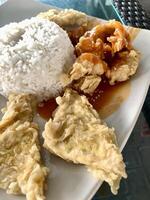 plate with rice, chicken and vegetables on top photo
