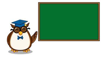 Wise Owl Teacher Cartoon Character In Front Of School Chalk Board With Text. 4K Animation Motion Graphics Without Background video