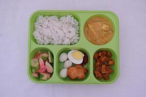 A green tray with five compartments containing white rice, curry, sliced cucumbers and tomatoes, a boiled egg, quail eggs, fried chicken, and pieces of meat photo