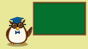 Wise Owl Teacher Cartoon Character In Front Of School Chalk Board. 4K Animation Motion Graphics With Background video
