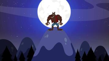 Angry Werewolf Cartoon Character Howling Over Moon. 4K Animation Motion Graphics With Background video