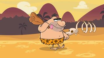 Caveman Funny Cartoon Character With Club Walking. 4K Animation Motion Graphics With Background video