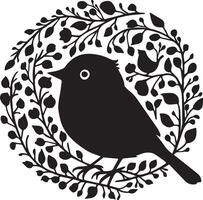 a black bird with leaves and flowers in a circle vector
