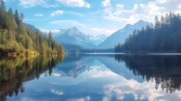 Tranquil Landscape Reflected on a Serene Lake Surrounded by Rugged Mountains and Lush Forests photo