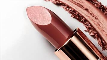 Vibrant Rose Gold Lipstick with Open Cap on White Background photo