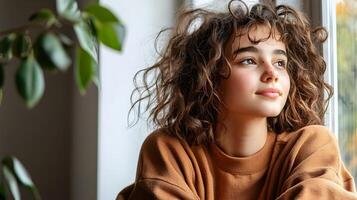 Person Visualizing Their Future by a Window with a Focused Mindset against a Clean White Background photo