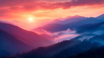 Majestic Mountain Landscape at Sunrise with Enchanting Mist and Vibrant Colors photo