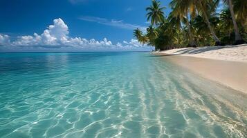 Tranquil Tropical Beach Scenery with Swaying Palm Trees and Crystal Clear Waters photo