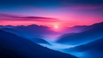 Misty Mountain Sunrise Landscape with Vibrant Colors and Serene Atmosphere photo