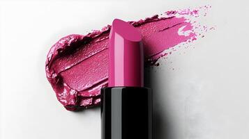 Vibrant Pink Lipstick with Open Cap on White Background Showcasing Texture and Color photo