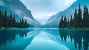 Breathtaking Reflection of Mountains and Trees on Tranquil Lake photo