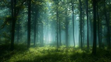 Serene Misty Forest Landscape with Tall Mysterious Trees and Ethereal Atmosphere photo