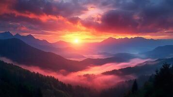 Mesmerizing Misty Mountain Landscape at Enchanting Sunrise with Vibrant Colors photo