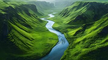 Tranquil Winding River Flowing Through Verdant Valley Landscape photo