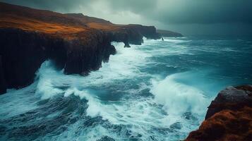 Dramatic Coastal Landscape with Rugged Cliffs and Crashing Waves photo