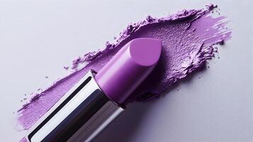 Vibrant Lavender Lipstick with Visible Texture and Smeared Details on White Background photo