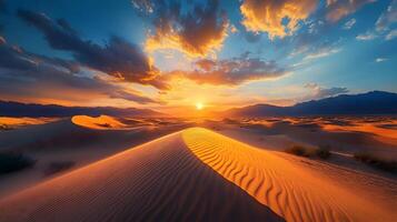 Vast Desert Landscape with Mesmerizing Golden Sunset and Rolling Sand Dunes photo