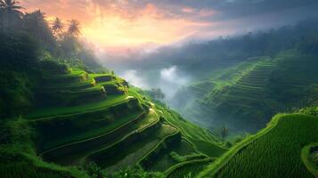 Captivating Terraced Rice Fields with Lush Green Paddies in a Majestic Scenic Landscape photo