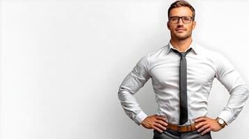 Confident and Resolute Stance with Hands on Hips on a Clean White Background photo