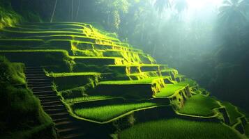 Stunning Aerial View of a Terraced Rice Field Landscape with Lush Green Paddies photo