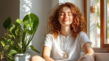 Person Sitting by Window Visualizing Future with Focused Mindset and Clean White Background photo