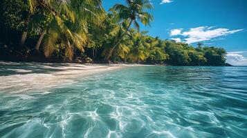 Breathtaking Tropical Beach with Swaying Palm Trees and Crystal Clear Waters photo