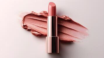 Vibrant Rose Gold Lipstick Tube with Open Cap and Visible Texture on White Background photo