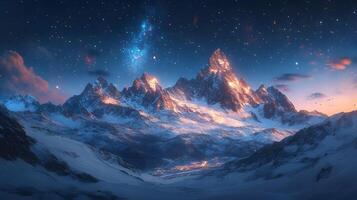 Enchanting Snow Capped Mountain Peaks Under Starry Night Sky photo