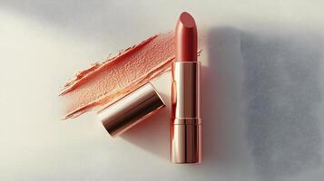 Vibrant Rose Gold Lipstick with Textured Case on White Background photo