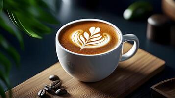 Masterful 3D Coffee Cup with Leaf Shaped Latte Art Showcasing Barista s Skill photo