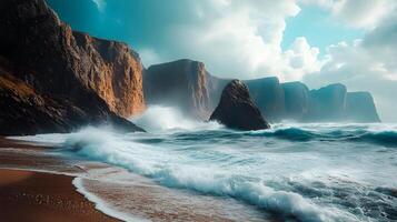 Dramatic Coastal Landscape with Rugged Cliffs and Crashing Waves photo
