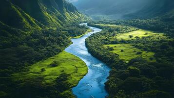 Serene Winding River Flowing Through Lush Green Valley Landscape photo